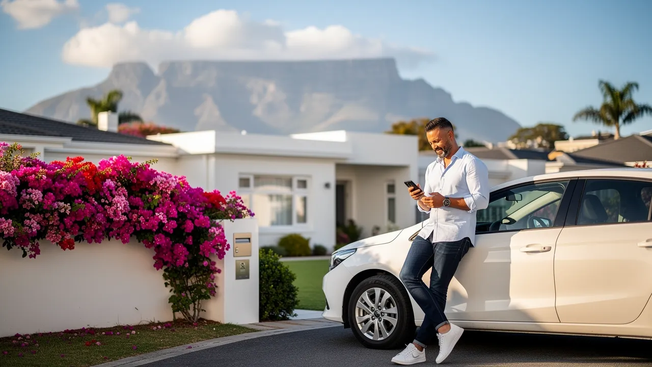 A Cape Town owner beside his car in his driveway, Table Mountain in the distance